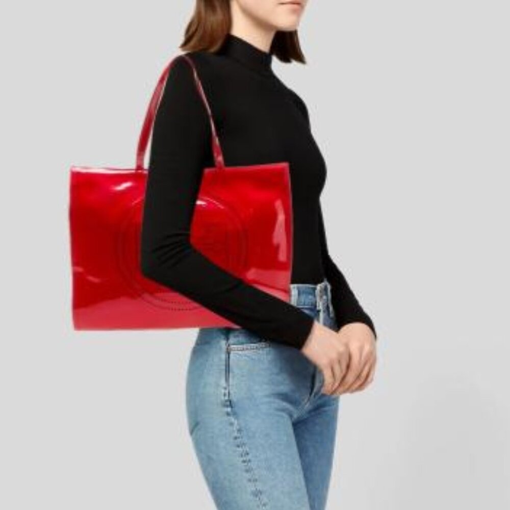 Tory Burch Ella Red Patent Leather Canvas Monogram Large Bag Tote Gold MINT - Picture 3 of 13